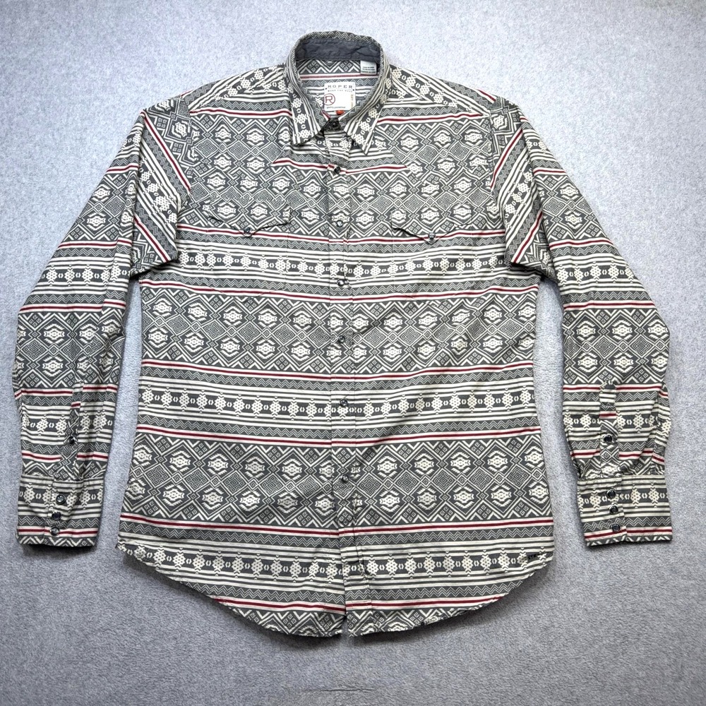 Roper Shirt Mens Large Gray Red Aztec Pearl Snap Western Ranch Rodeo Outdoor
